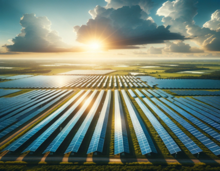 DALL·E 2023-11-30 15.41.22 - Aerial view of a large solar farm, consisting of numerous rows of photovoltaic solar panels neatly arranged in a field. The sunlight reflects off the  (1) (1)